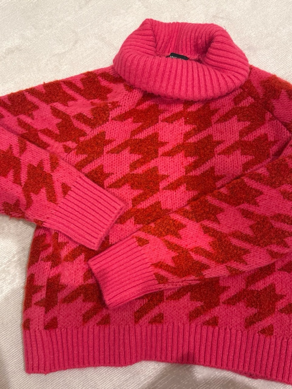 Pink and Red Houndstooth Turtleneck Sweater